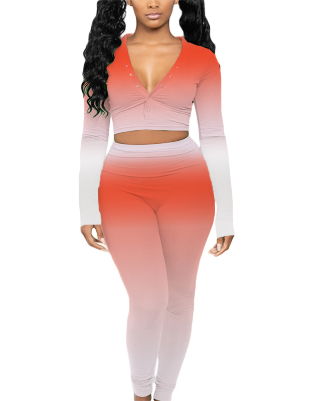 Fashionable Women's Deep V-Neck Portable Buckle Gradient Color Sexy Belly Tight Two-Piece Suit S-XXL