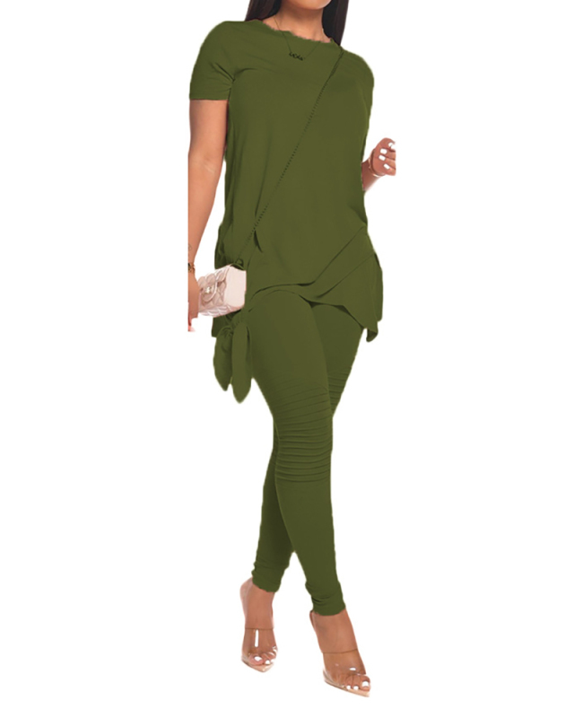 Women Short Sleeve Casual Wear Solid Color Pants Sets Two Pieces Outfit Pink Yellow Gray Wine Red Army Green Light Green Blue S-2XL
