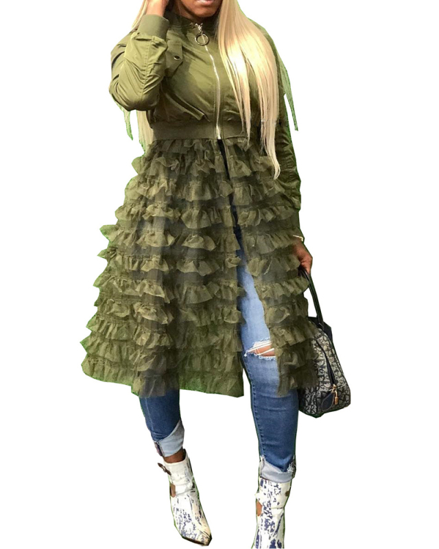 Woman Fashion Zipper Solid Color Mesh Lace Skirt Jacket S-3XL