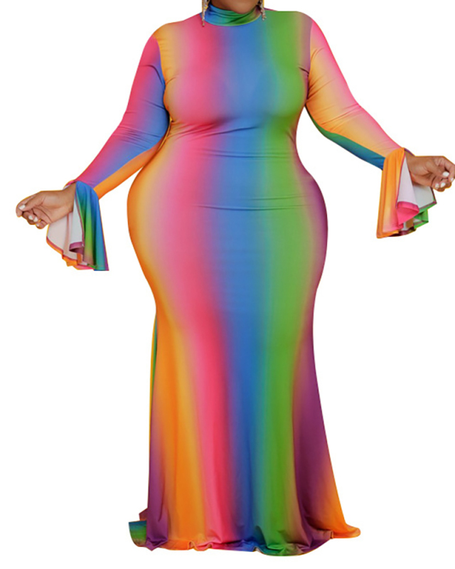 Fashion Women Gradient Long Bell Sleeve Long Plus Size Dresses XL-5XL
