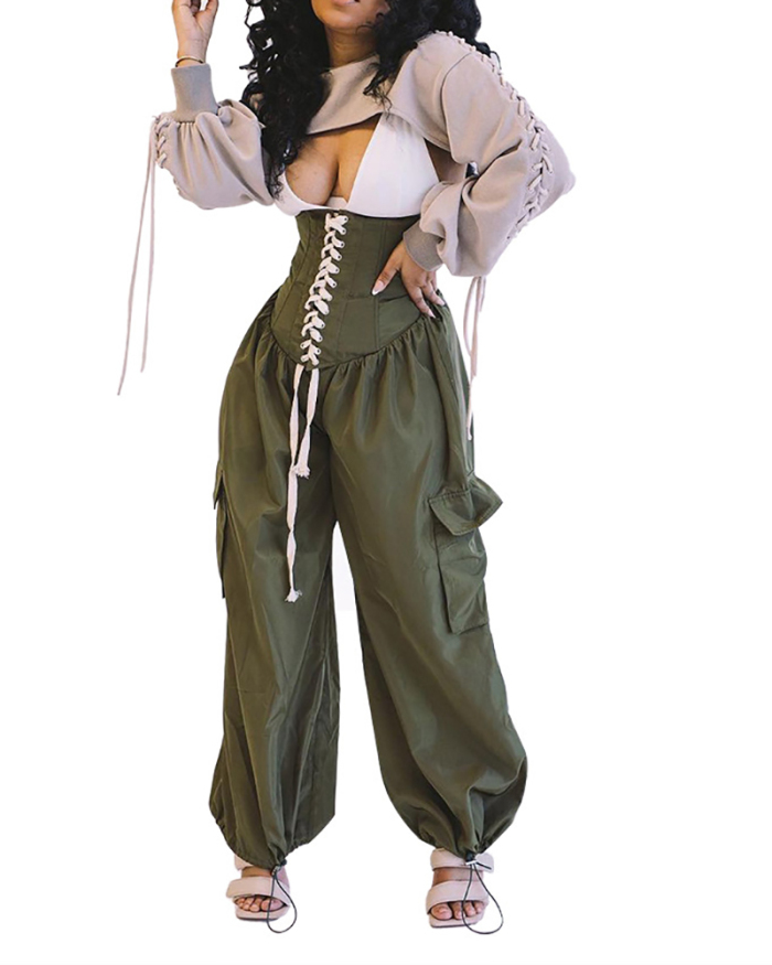 Woman Fashion High-Waist Corn-Eye Strap Wide-Leg Pants Black Army Green S-2XL