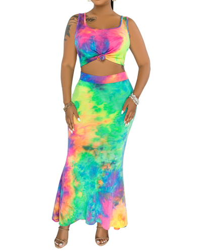 Women Casual Sleeveless Tie-dye Skirt Sets Two Pieces Outfit S-2XL