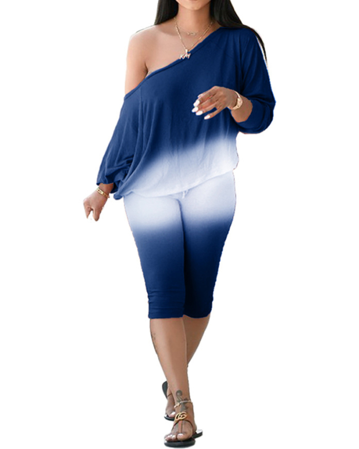Woman Casual Gradient Oblique Shoulder Plus Size Two-Piece Fashion Set Black Blue Wine Red S-4XL