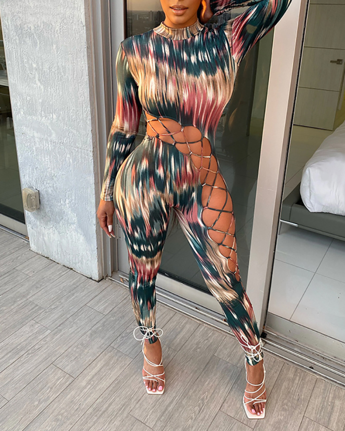 Women's Fashion Long-Sleeved Colorful Christmas Print Hollow Straps Personalized Slim Jumpsuit X-2XL