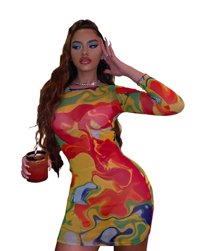 Girl O-Neck Fashion Printed Long Sleeve Mini Causal Dress S-2XL