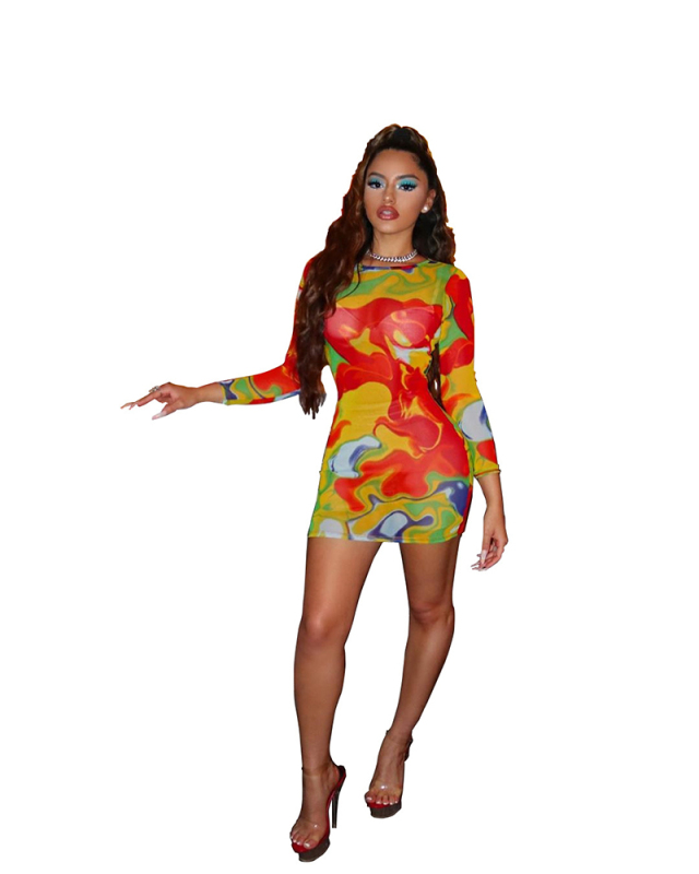 Girl O-Neck Fashion Printed Long Sleeve Mini Causal Dress S-2XL