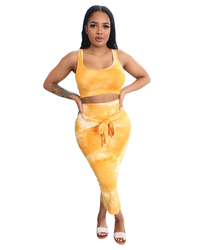 Women Fashion Tie Dye Crop Tops Two Piece Set Pink Yellow S-3XL