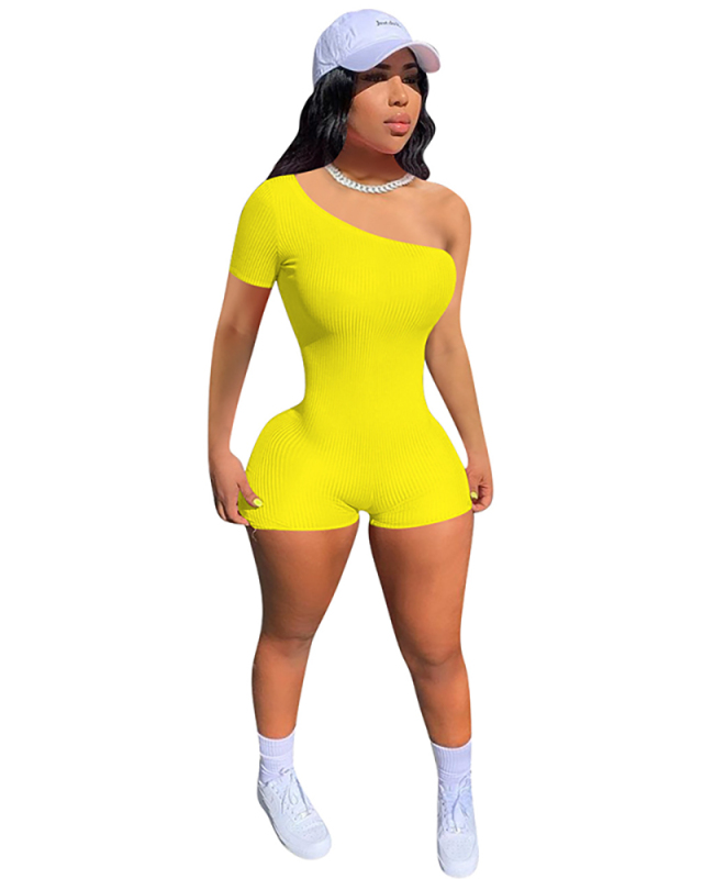 Lady Solid Color One Shoulder Romper White Yellow Red Gray Black Orange S-2XL