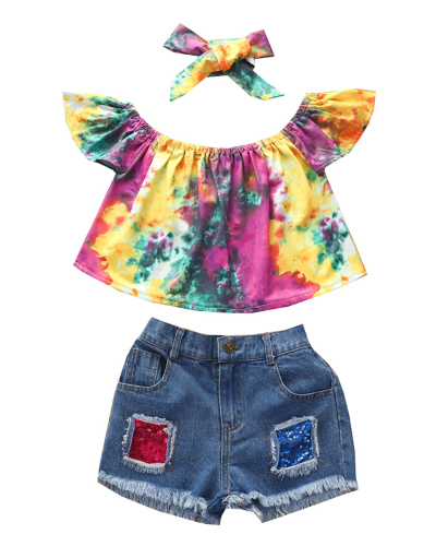 Girls' Summer Jeans Tie-Dye Printed Blouse One-Shoulder Pullover Shorts Three-Piece Set