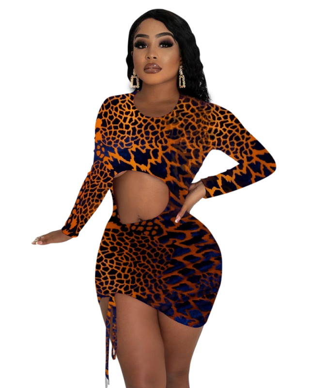 Long Sleeve Hollow Out Printed Short Causal Dress S-XXL