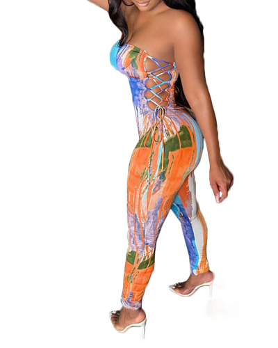 Lady's Sexy Tie-dye Strapless Lace-up Butt-lift Jumpsuit S-XL