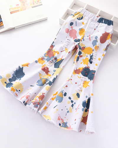 Girls' Flared Abstract Print Casual Denim Stretch Pants