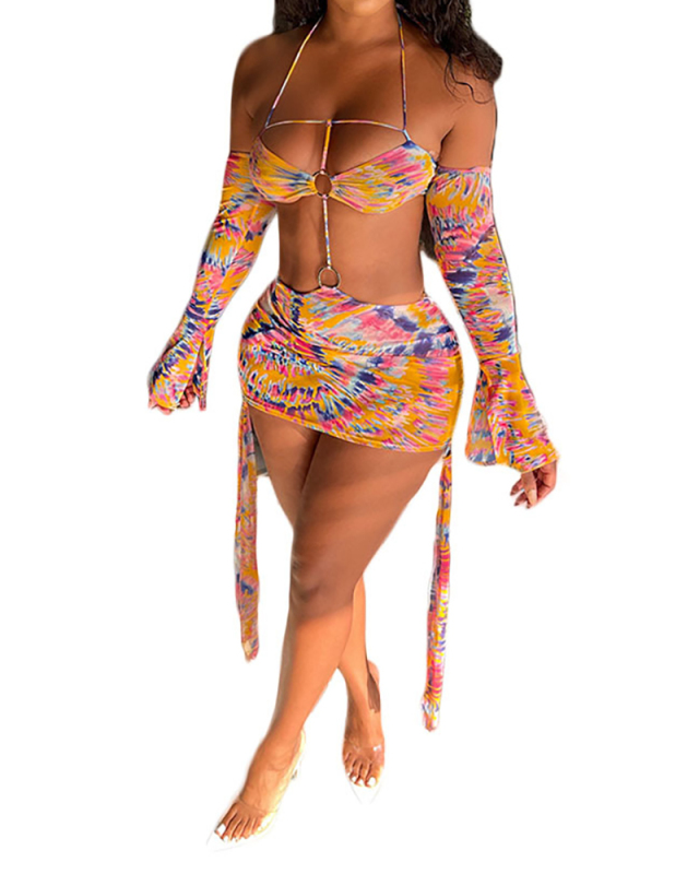 Women Long Sleeve Printed Sexy Hollow Out Mini Dresses Blue Orange S-XL
