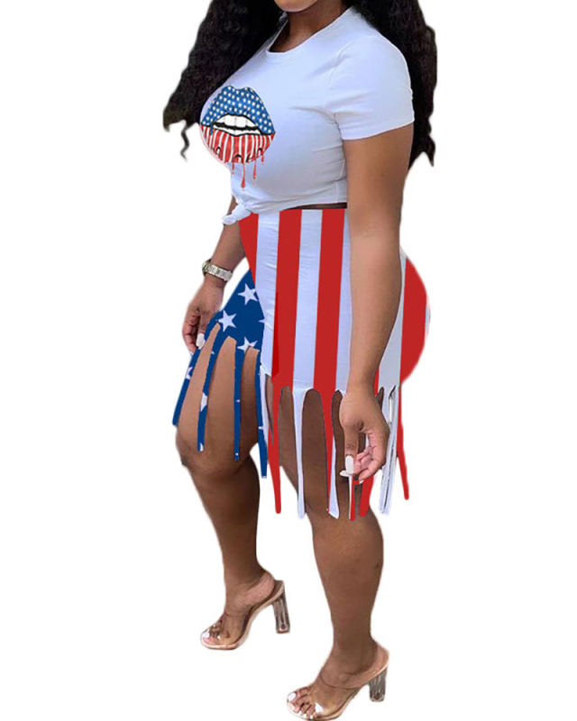 Independent Day Flag Print Short T Shirt Tassel Shorts Set Two-piece Set S-XL
