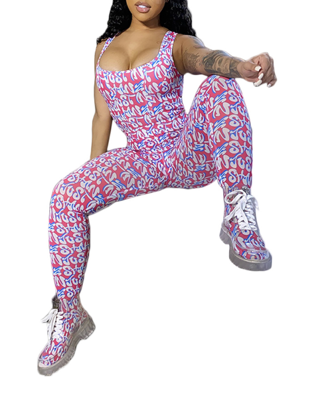 Women Fashion Sleeveless Sexy Mesh Printed Jumpsuits Black Pink S-XL