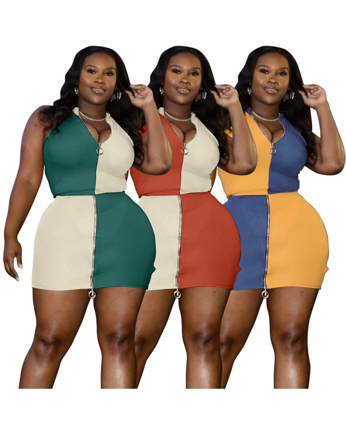Women's Summer Fashion Stitching Color Zipper Type Sexy Casual Plus-size Two-piece Set L-5XL