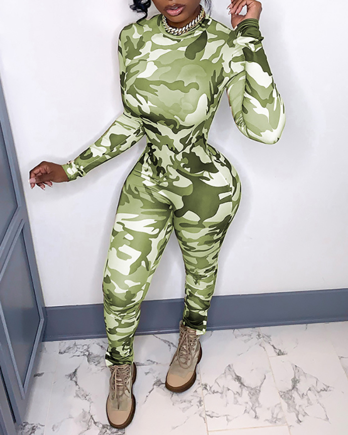 Women's Sexy Camo Printed Hip Lift Split Slim Jumpsuit Multi Color S-XL