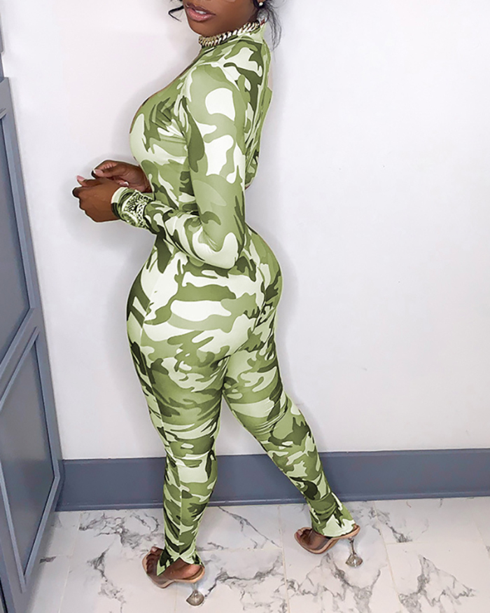 Women's Sexy Camo Printed Hip Lift Split Slim Jumpsuit Multi Color S-XL