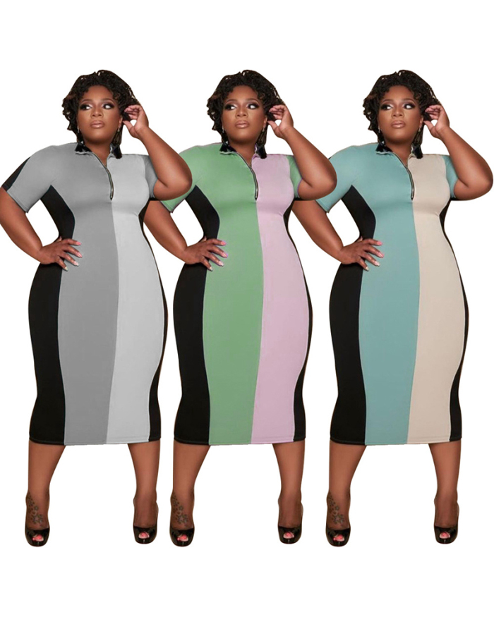 Women's Stitching Color Plus-size Zipper Dress L-5XL