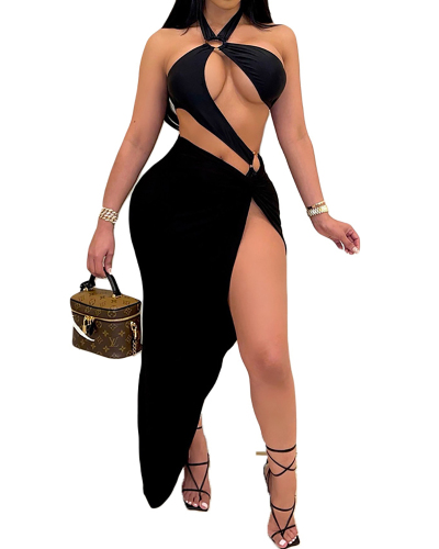 Women's Sexy Swimsuit Solid Color Skirt Suit Two-piece Set Nightclub Outfit S-XL