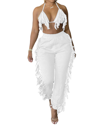 Women's Solid Color Fashion Sexy Casual Tassel Suspender Halter Two-piece Set S-XXL