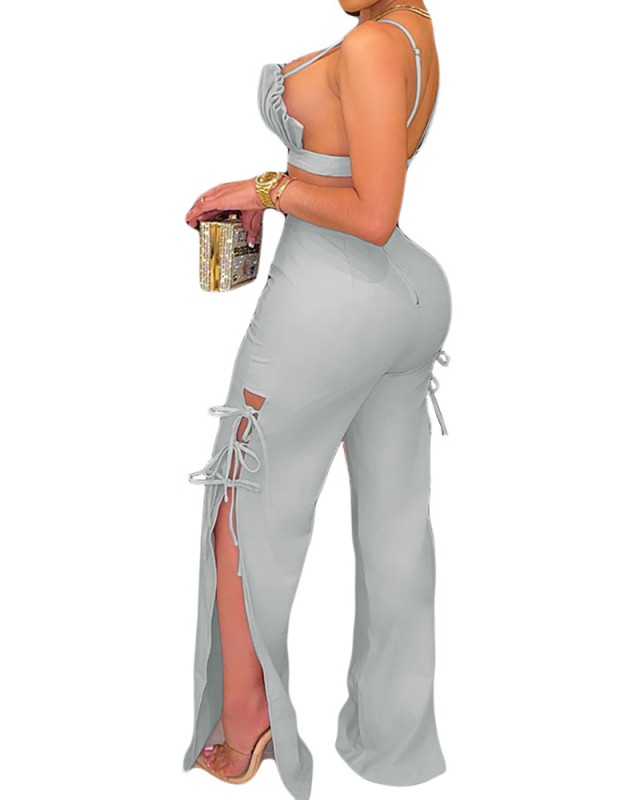 Women's Sexy Solid Color Shell-shaped Top High Waist Lace-up Split Pants Two-piece Set Pants Set Multi Color S-XL