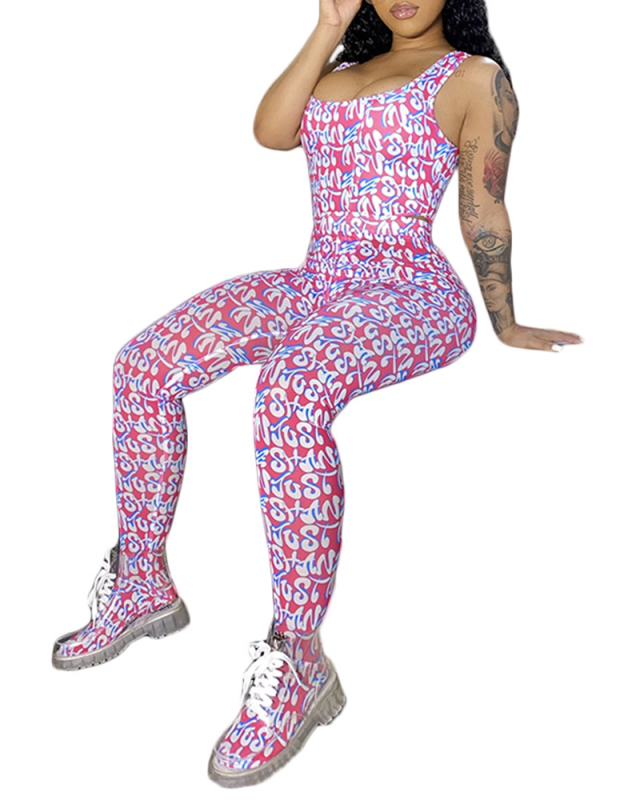Women Fashion Sleeveless Sexy Mesh Printed Jumpsuits Black Pink S-XL