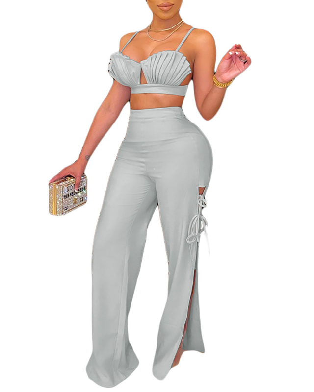Women's Sexy Solid Color Shell-shaped Top High Waist Lace-up Split Pants Two-piece Set Pants Set Multi Color S-XL