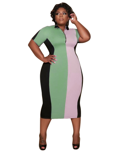 Women's Stitching Color Plus-size Zipper Dress L-5XL