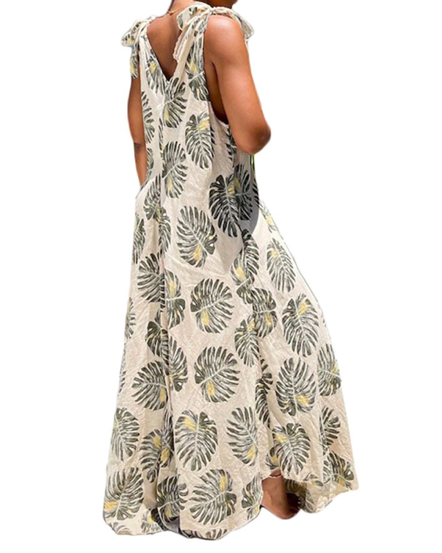 Lady's Stylish Printed V-neck Sleeveless Lace-up Casual Wide Leg Jumpsuit S-XL