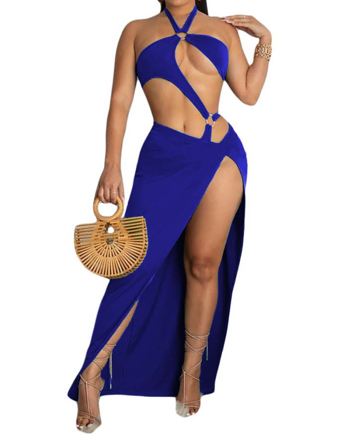 Women's Sexy Swimsuit Solid Color Skirt Suit Two-piece Set Nightclub Outfit S-XL