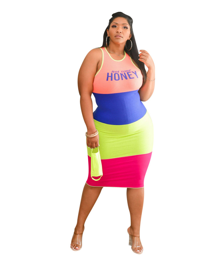 Women's Plus-size Sexy Stitching Color Letters Printed Dress L-4XL