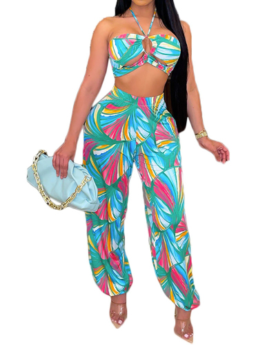 Stylish Print Sexy Strapless Baggy Ankle-tied Pants Two-piece Set