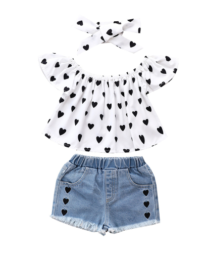 Children's New Printed Pullover Summer Full-Print Love Blouse Denim Shorts Girls Two-Piece Set