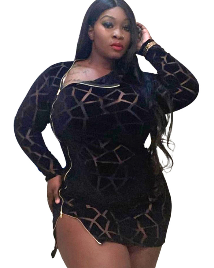 Women's Plus-size Sexy Hollow-out Flocking Double-sided Zipper Long Sleeve Dress L-4XL