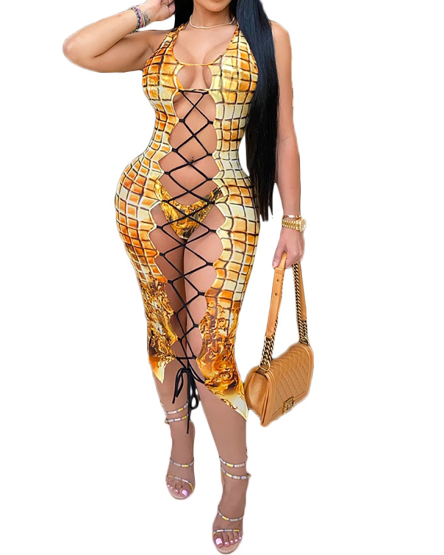 Women Sleeveless Strappy Fashion Printed Three Pieces Outfit Bikini & Dress S-XL