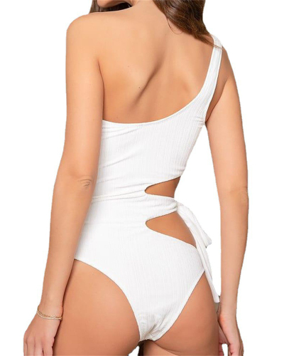 Lady's Fashion Hollow-out Lace-up Solid Color One-shoulder Swimwear One-piece Swimsuit XS-XL