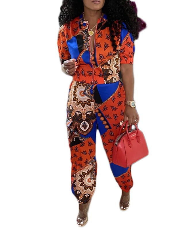 Women Short Sleeve Casual Wear Fashion Printing Sport Two Pieces Outfit Pants Sets S-2XL
