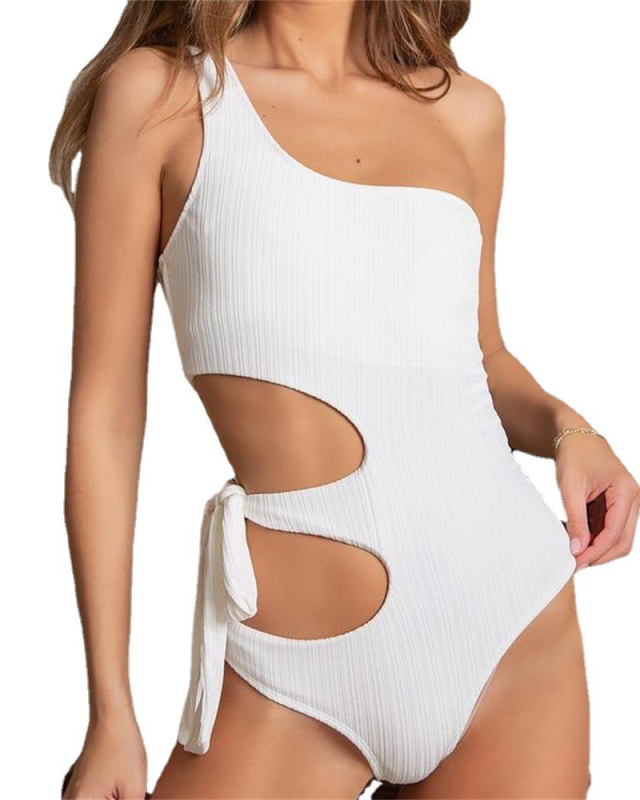 Lady's Fashion Hollow-out Lace-up Solid Color One-shoulder Swimwear One-piece Swimsuit XS-XL