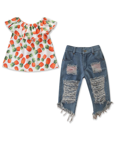 Trendy Girls Pineapple Print Ripped Jeans Off-Shoulder Set