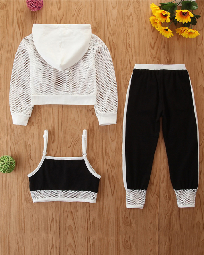 Spring Girls' Sportswear Summer Hollow Mesh Sweater Sling Sweatpants Trendy Sets