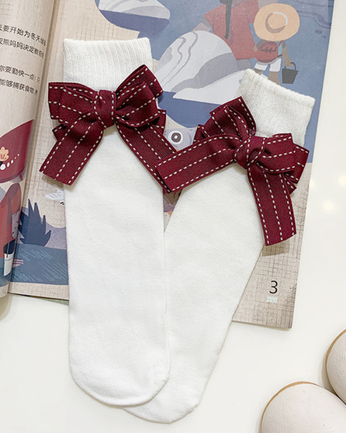Summer New Kids Bow Solid Color Middle Socks