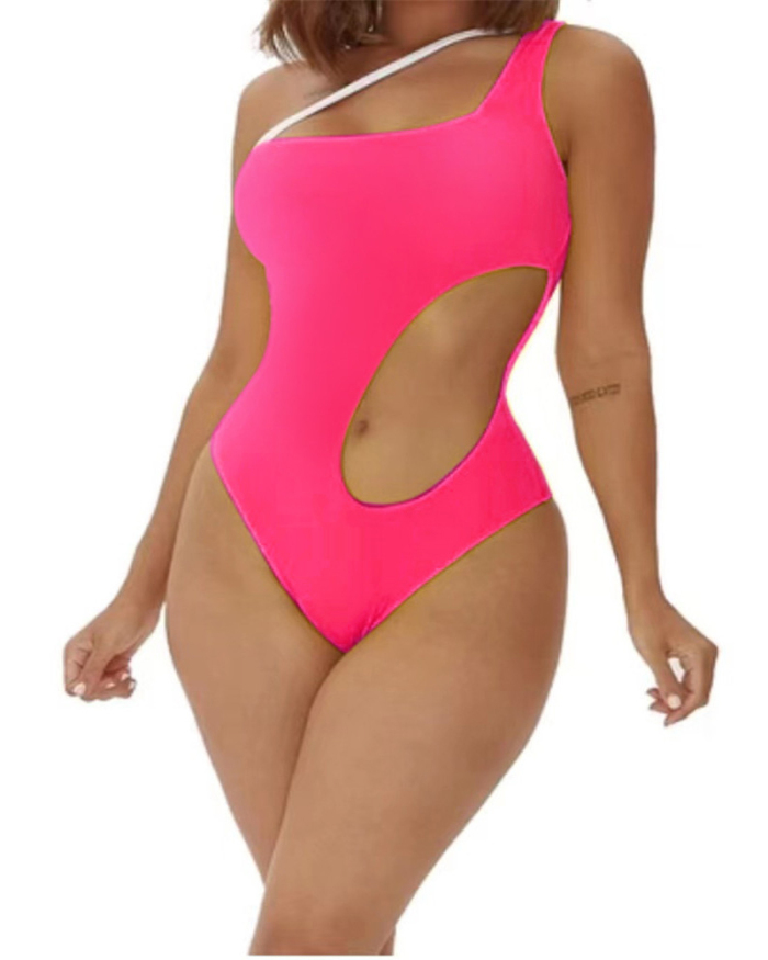 Lady's Sexy One-shoulder Hollow-out Solid Color One-piece Swimsuit S-L