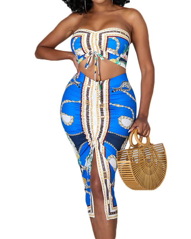 Ladies Fashion Hot Sale Sexy Sleeveless Tube Top Chest Drawstring Pleated Lower Body Split Skirt Two Piece Set S-XL
