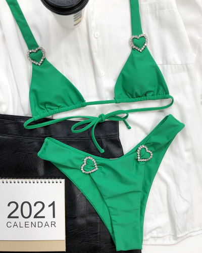 Lady's Sexy Double-sided Bikini Love Heart Decoration Solid Green Swimwear Two-piece Halter Swimsuit S-L