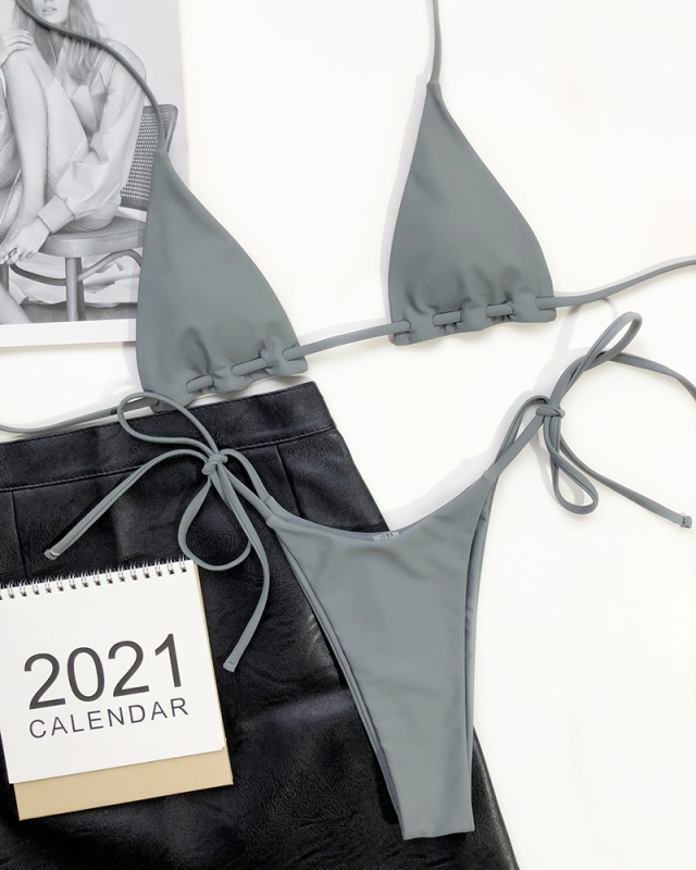Lady's Sexy Tie Side String Halter Solid Gray Swimwear Two-piece Swimsuit S-L
