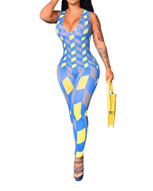 Ladies Fashion Hot Sale New Irregular Plaid Trending Deep V Sleeveless Sexy Slim Jumpsuit S-XL