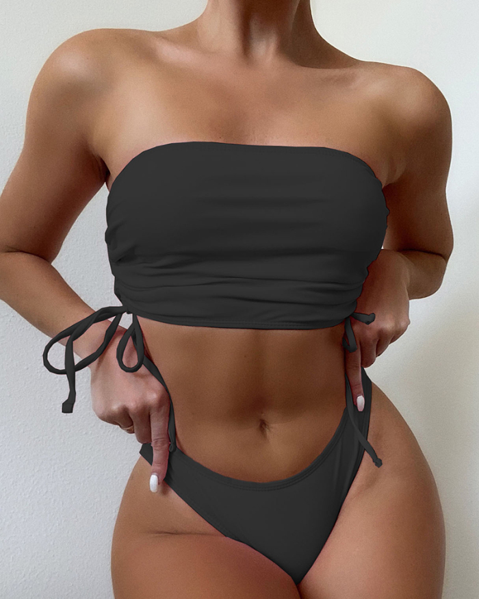 Lady's Sexy Strapless Bikini Solid Color Drawstring Swimwear Two-piece Swimsuit Multi Color S-L