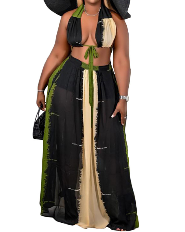 Ladies New Fashion Large Size Mesh Sexy Printed Front Chest Lace Halter Vest Long Skirt Two-Piece Set S-XXXXL
