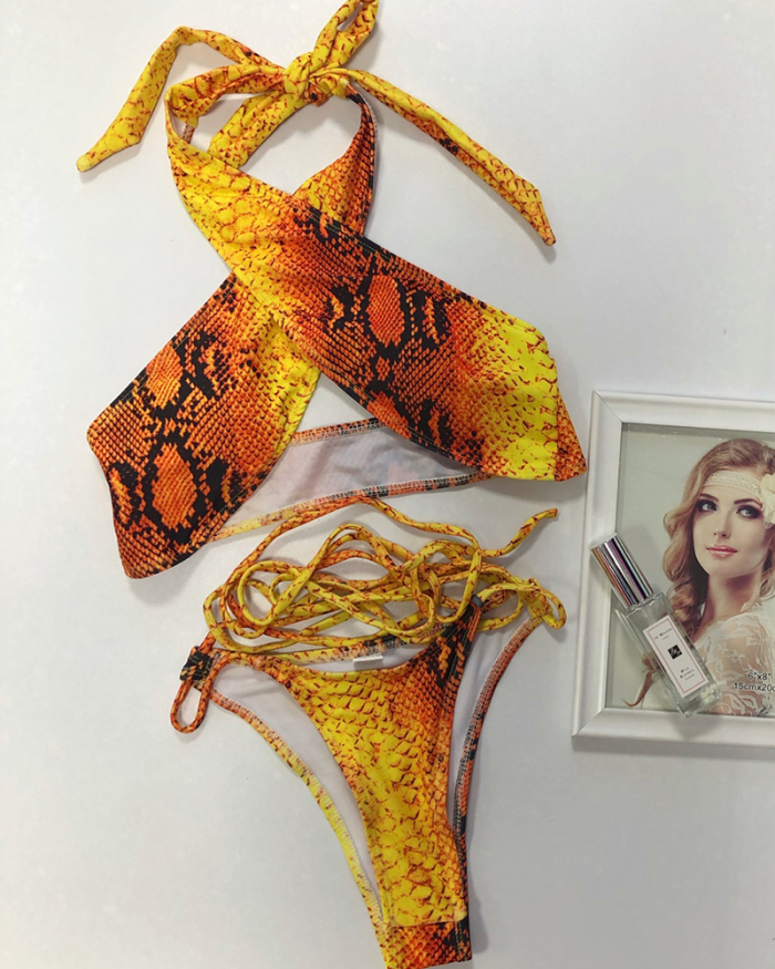 Lady's Sexy Golden Snakeskin Print Cross Halter Hammock Lace-up Thin String Thong Two-piece Swimsuit S-L